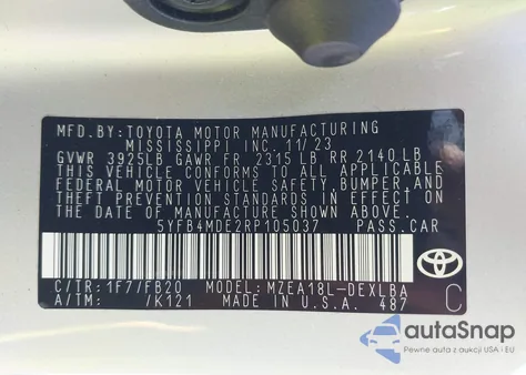 2024 Toyota Corolla Le from USA, damaged, VIN 5YFB4MDE2RP105037